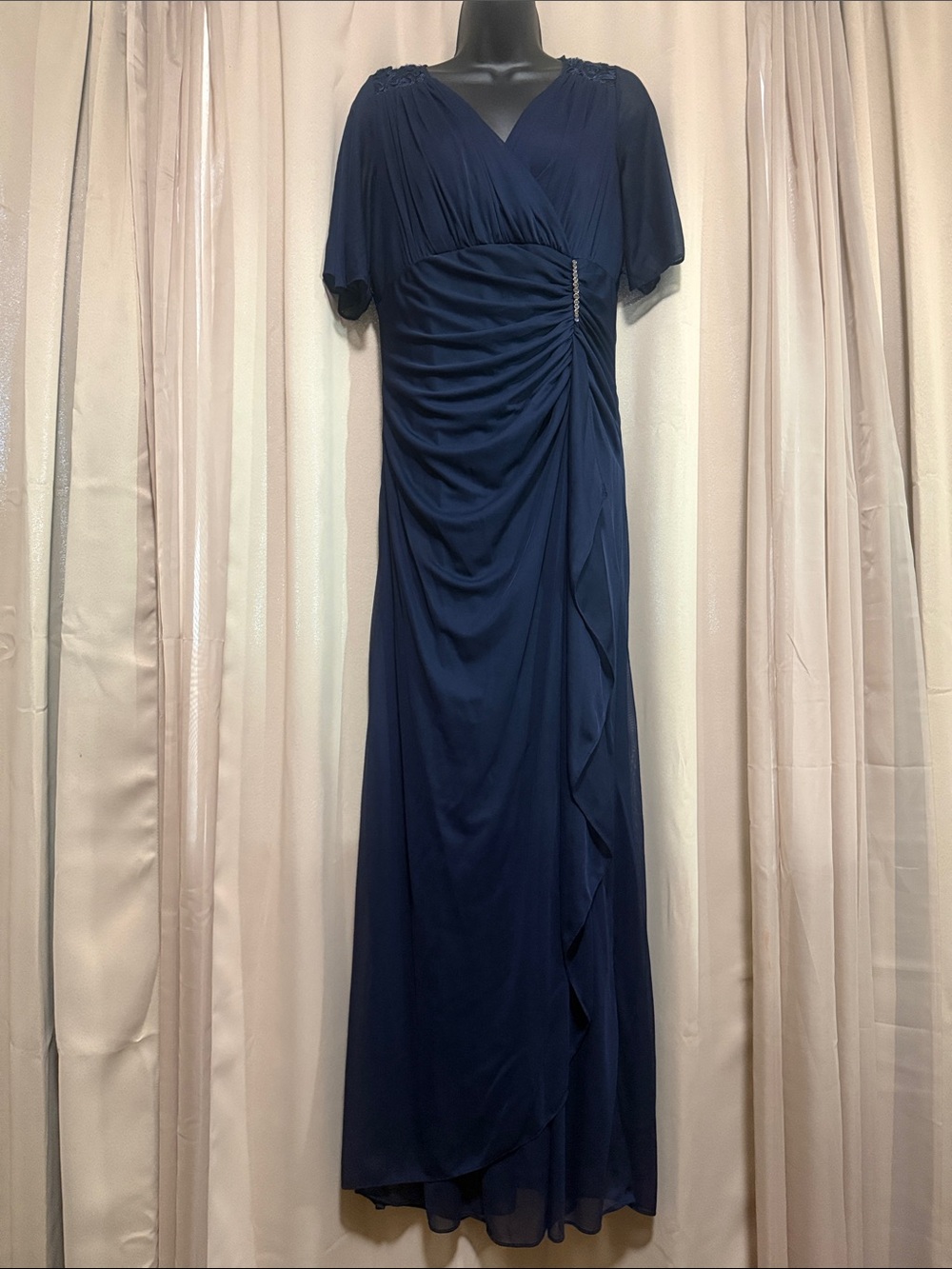 Elegant Navy Blue Ruched V-Neck Evening Dress-B&A Betsy & Adam